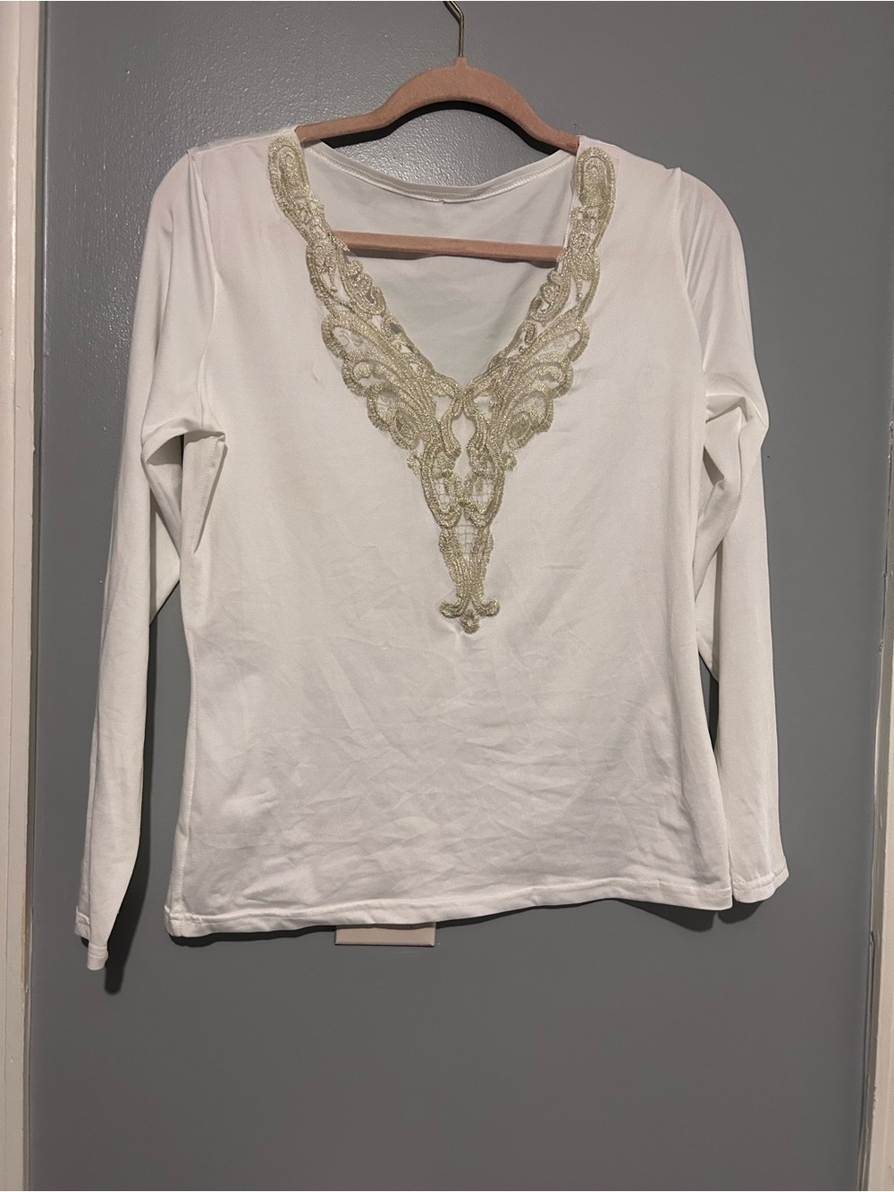 & Other Stories White Long-Sleeve Top with Gold Trim V-Neck
